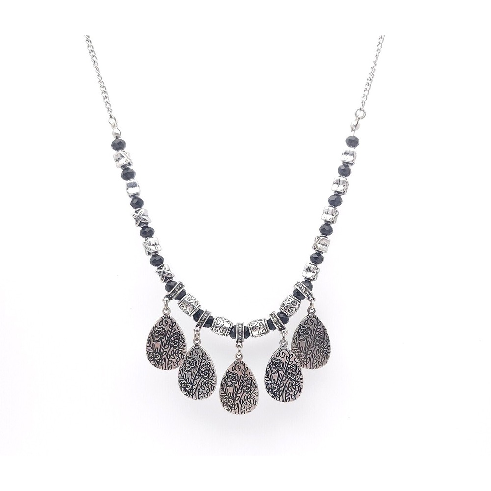 Silver Black Bead Statement Necklace Floral Teardrop Bold